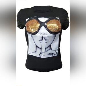 Pension short sleeve graphic t-shirt Sequin top O Neck